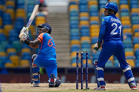 Suryakumar Yadav hits a six against Afghanistan